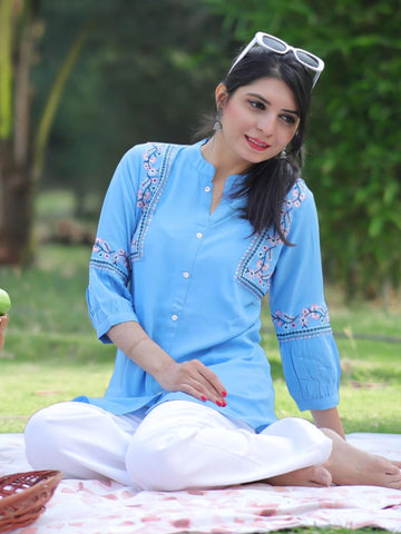 Light Blue Viscose Rayon Embroidered A-Line Short Kurti