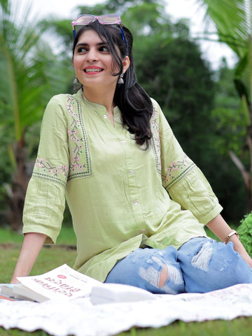 Rayon Embroidered Light Green Short A-Line Kurti