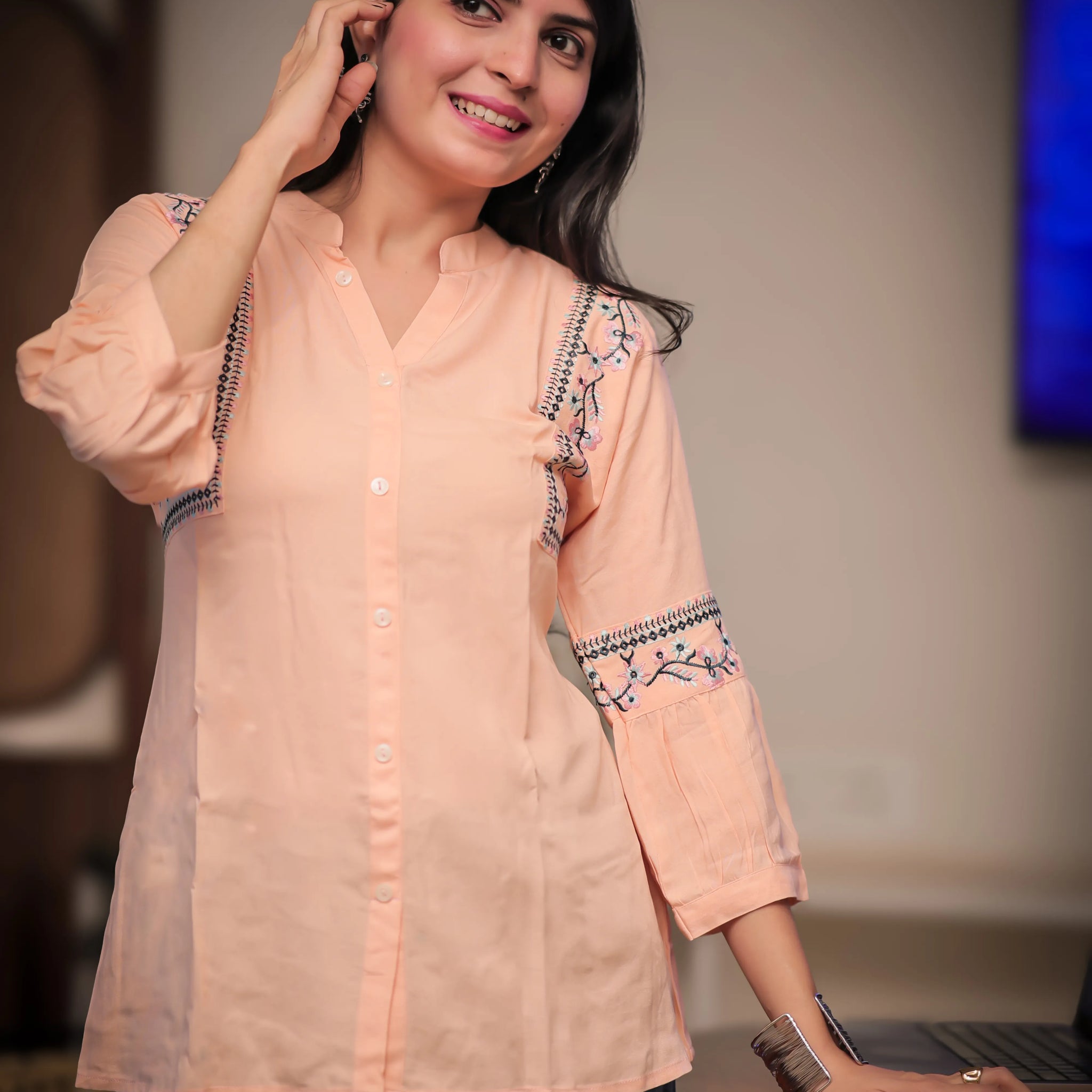Peach Viscose Rayon Embroidered A-line Short Kurti
