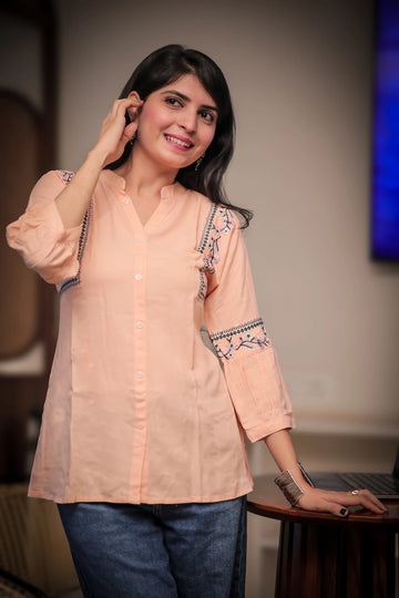 Peach Viscose Rayon Embroidered A-line Short Kurti