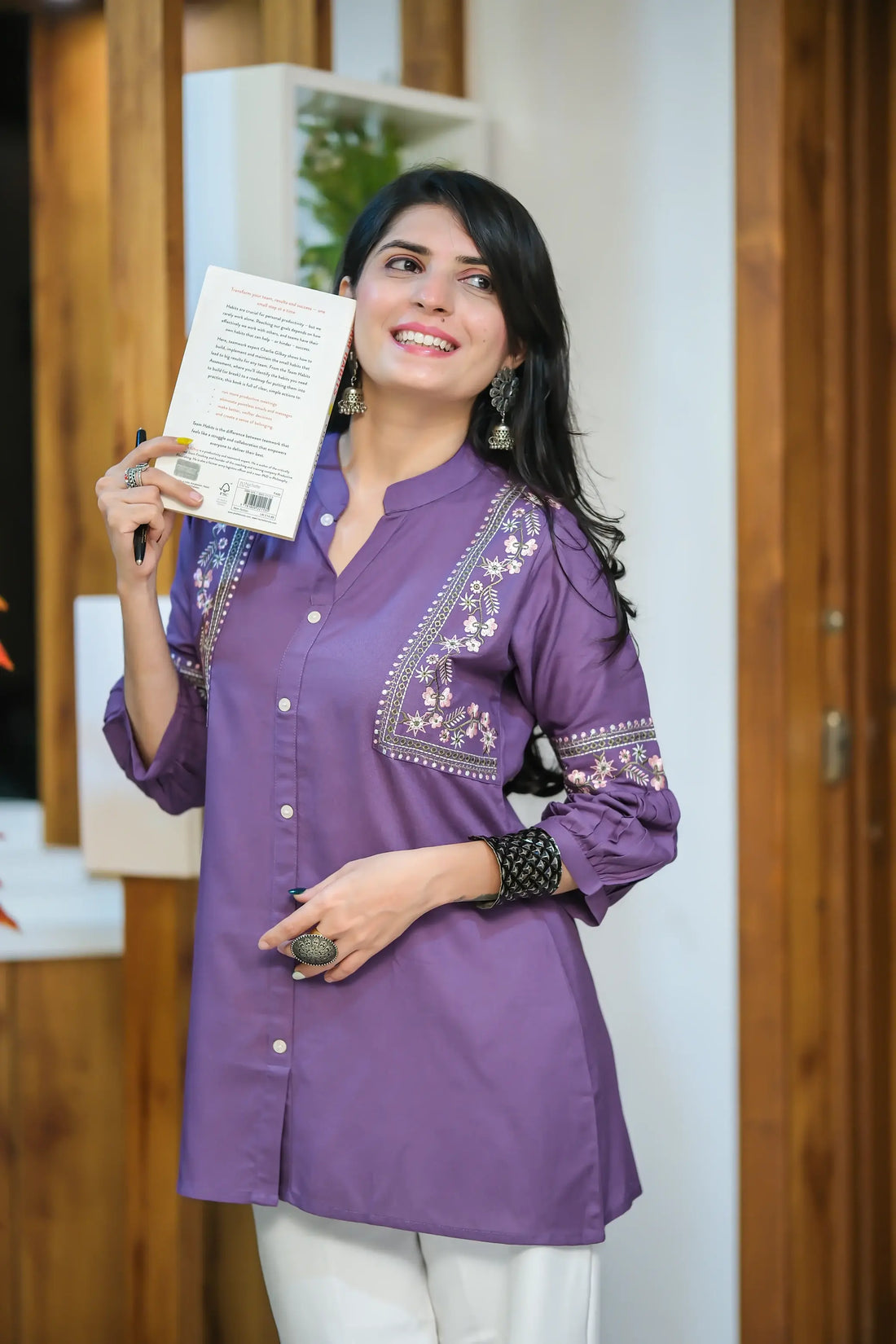 Purple Viscose Rayon Embroidered A-line Tunic Top Short Kurti