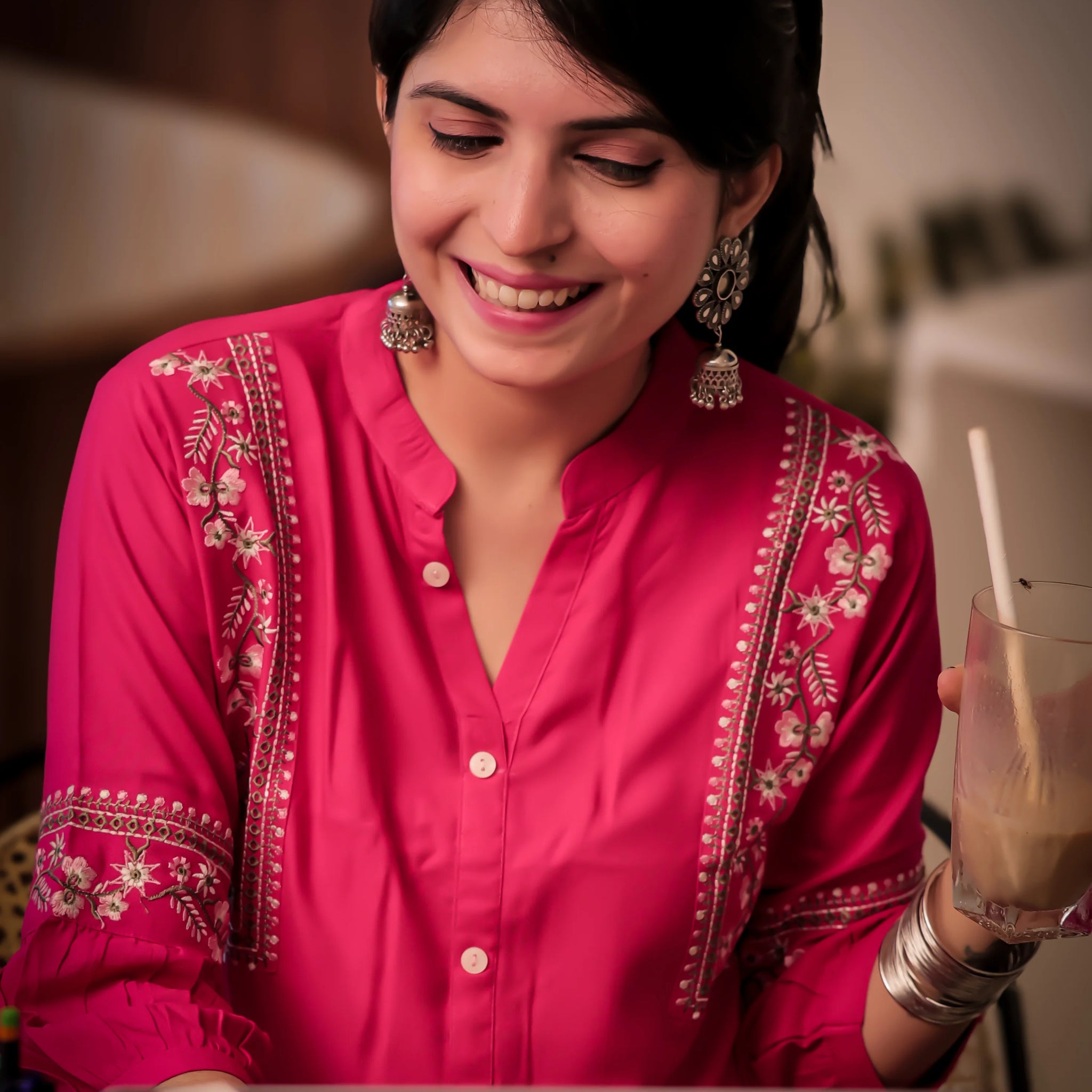 Pink Viscose Rayon Embroidered A-line Short Kurti
