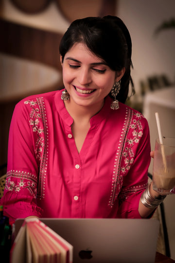Pink Viscose Rayon Embroidered A-line Short Kurti