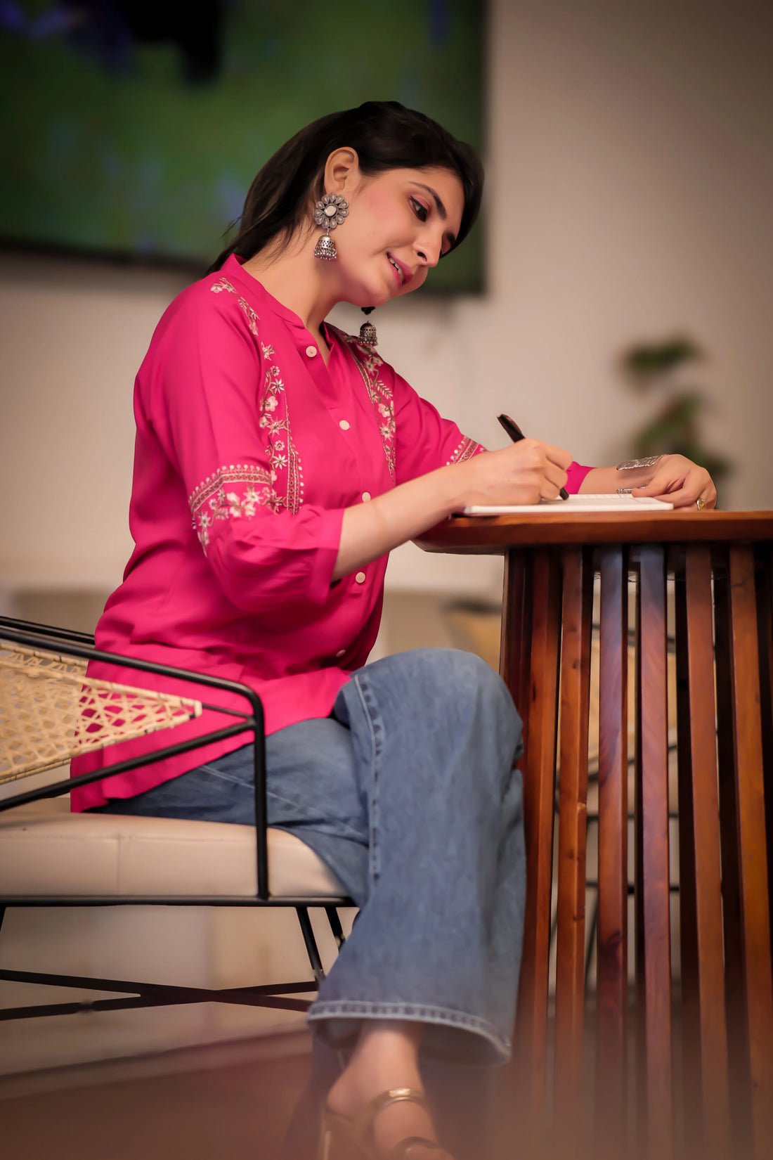 Pink Viscose Rayon Embroidered A-line Short Kurti