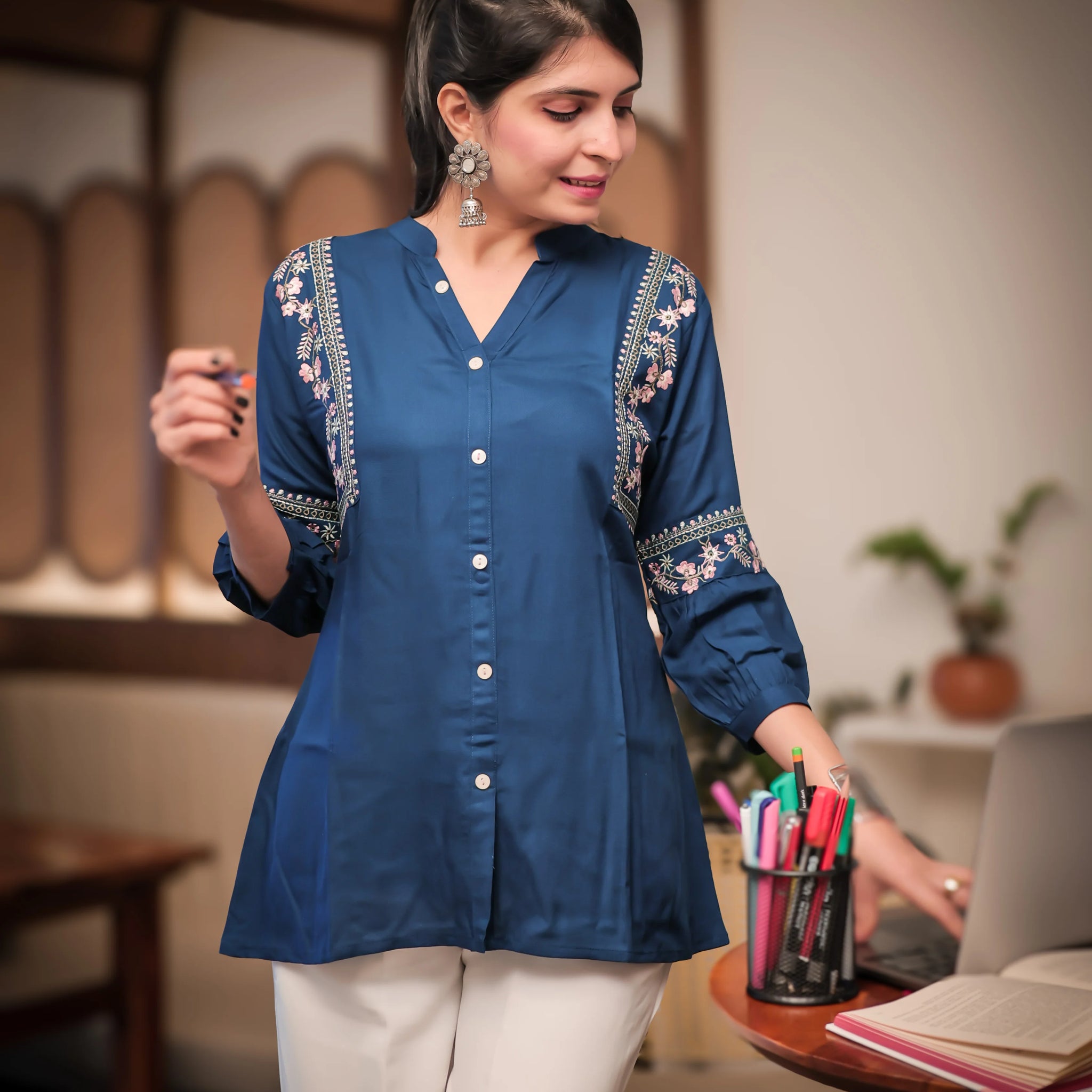 Teal Viscose Rayon Embroidered A-line Short Kurti