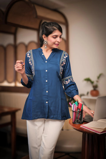 Teal Viscose Rayon Embroidered A-line Short Kurti