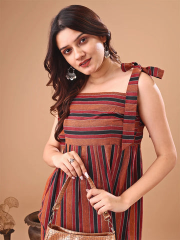 Brown Striped Cotton Blend A-line shoulder tie up Short Top
