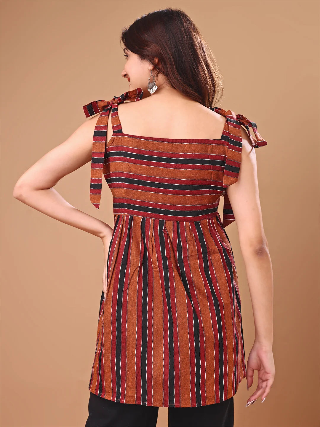 Brown Striped Cotton Blend A-line shoulder tie up Short Top