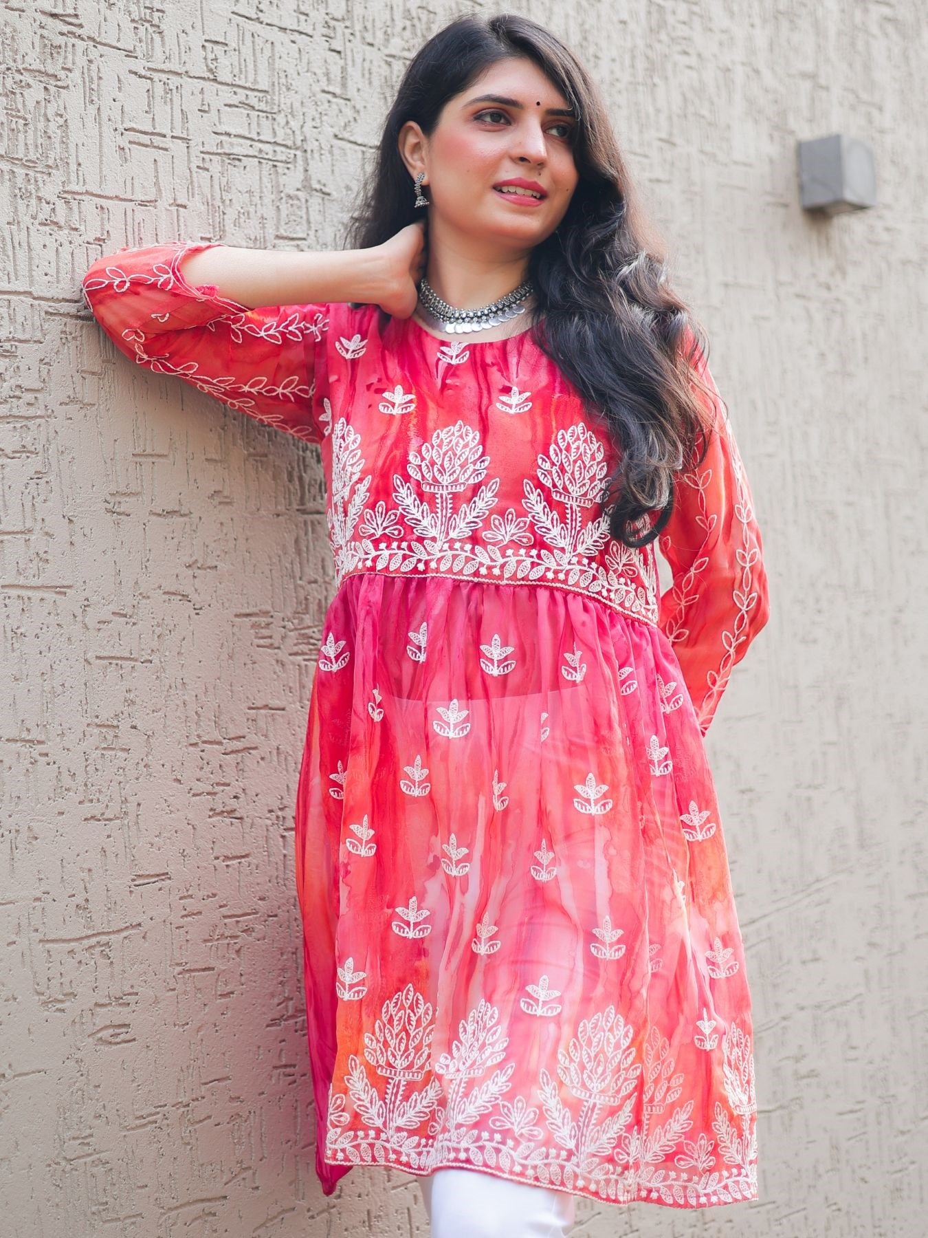 Pink Georgette Chikankari Embroidered Short Kurti