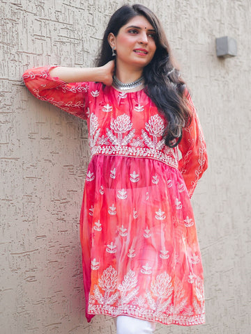 Pink Georgette Chikankari Embroidered Short Kurti