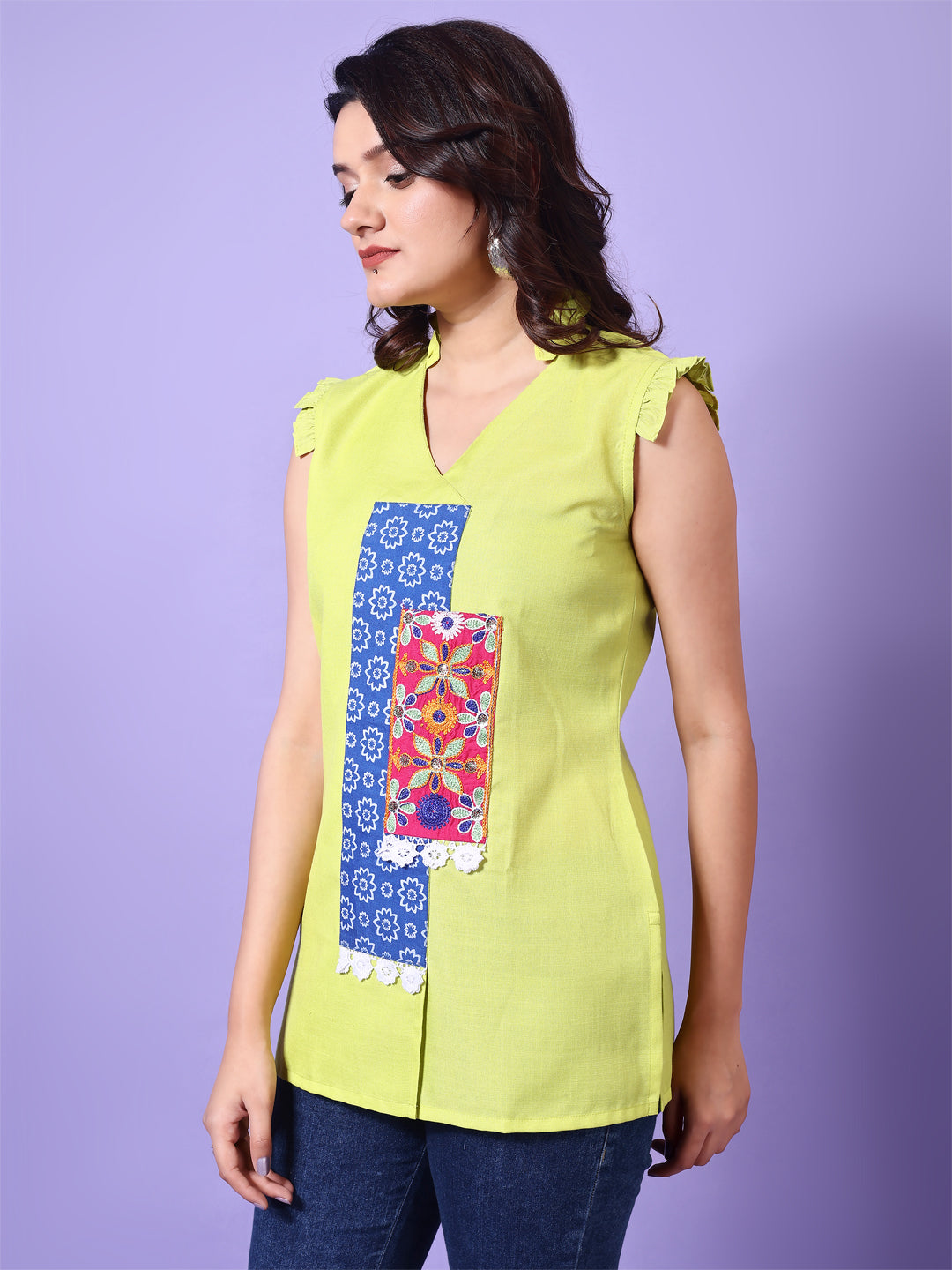 Straight Cotton Patch Work Embroidered Short Tunic Top