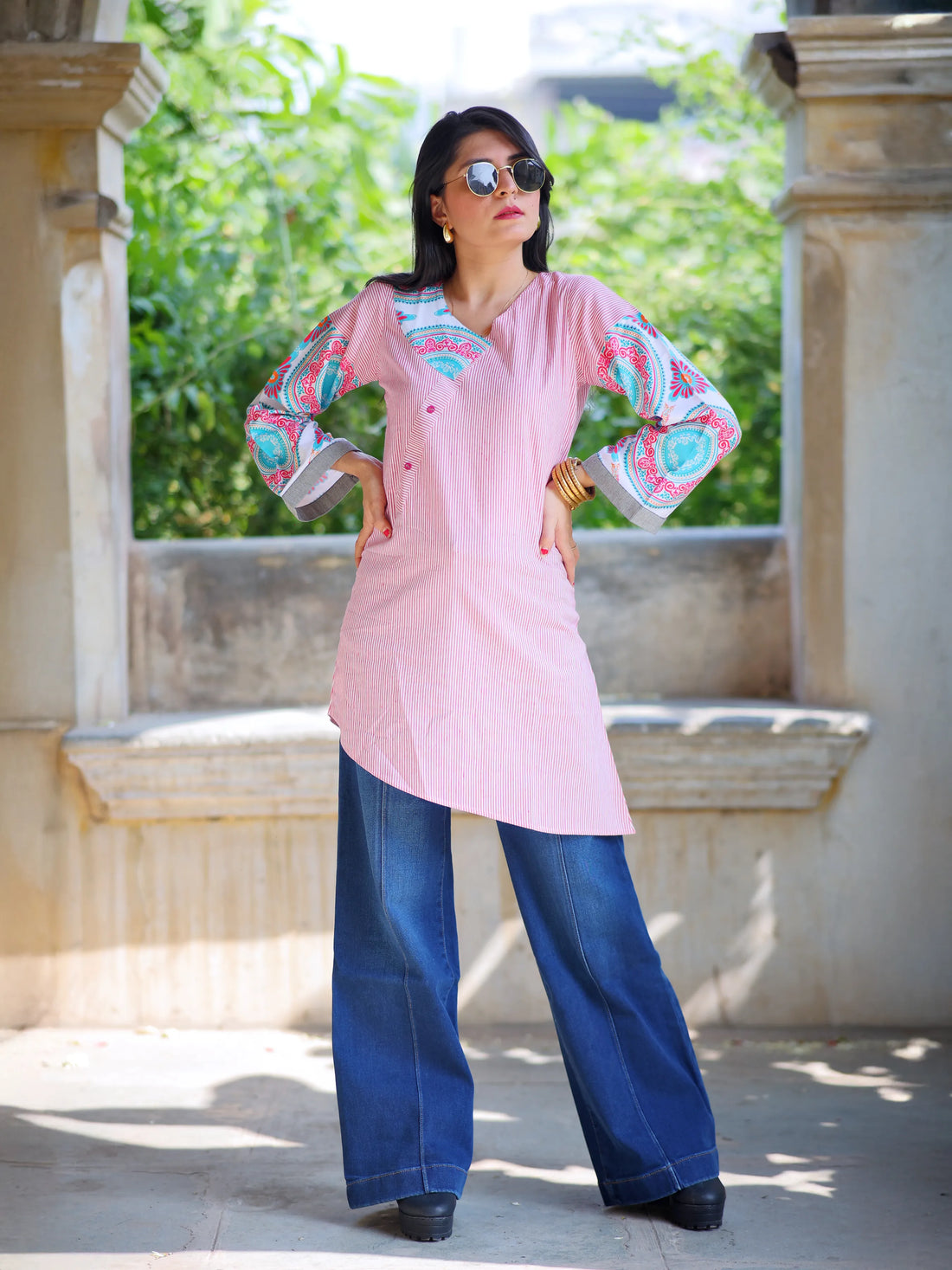 Youthnic Women's Cotton Blend Summer Wear Stripted High Low Kurti