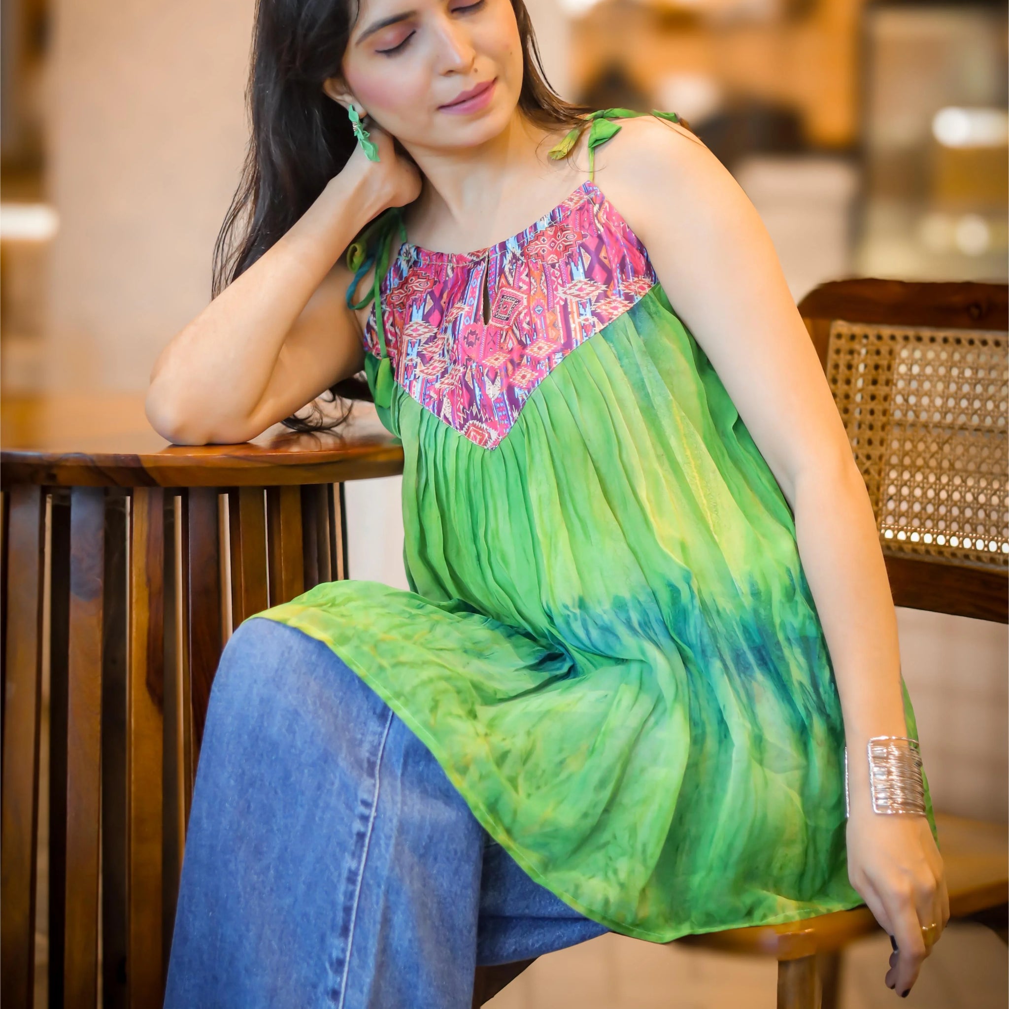 Green Georgette Shoulder Knot Flared Tunic Top