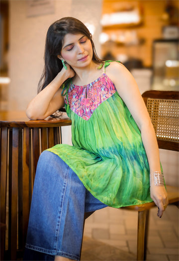 Green Georgette Shoulder Knot Flared Tunic Top