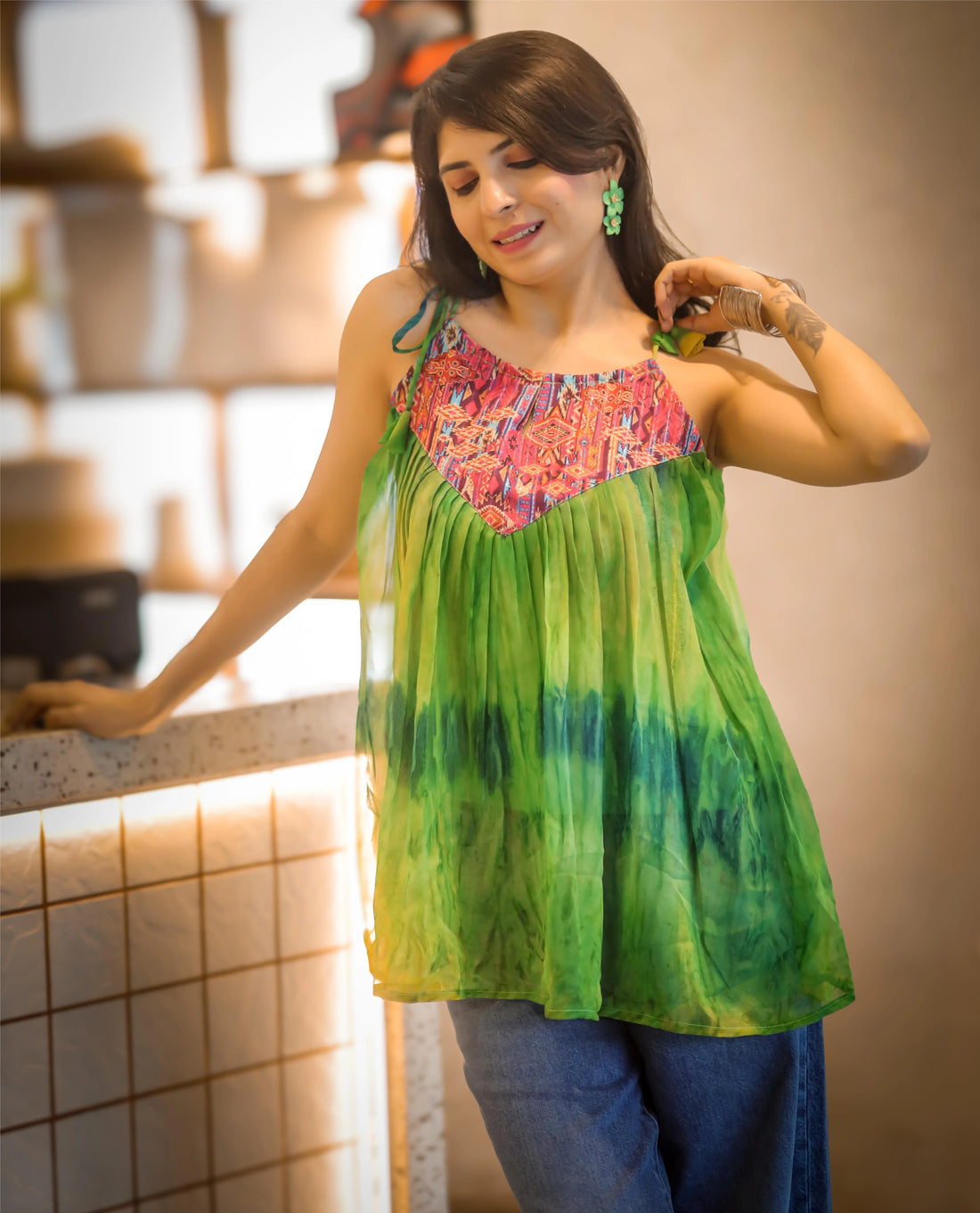Green Georgette Shoulder Knot Flared Tunic Top