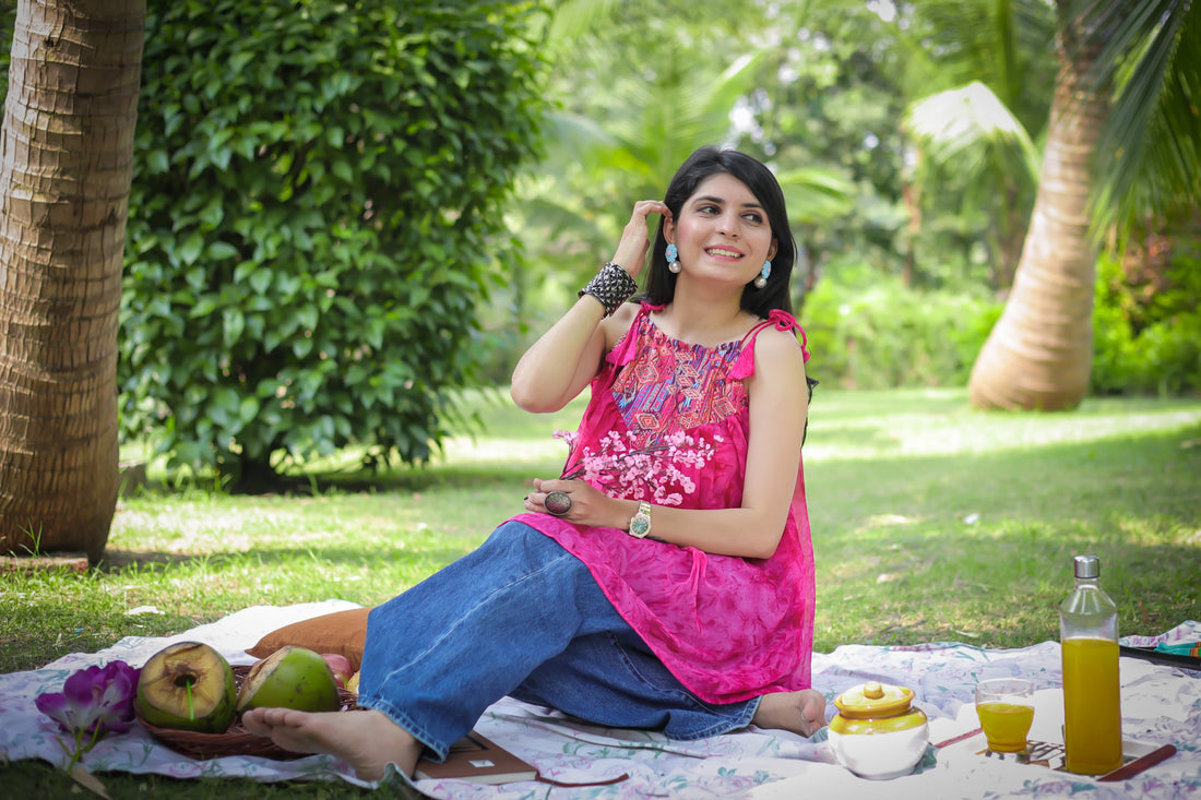 Pink Georgette Shoulder Knot Flared Top