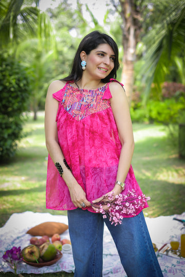 Pink Georgette Shoulder Knot Flared Top