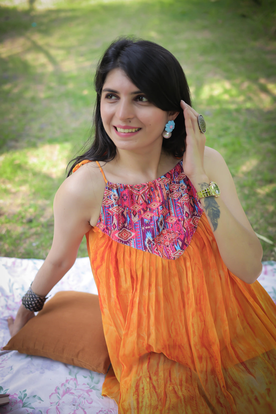 Orange Georgette Shoulder Knot Flared Top