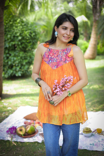 Orange Georgette Shoulder Knot Flared Top