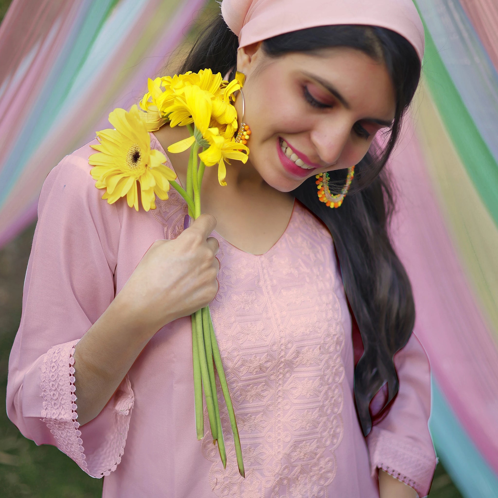 Light Pink Rayon Thread Embroidery Straight Short Kurti
