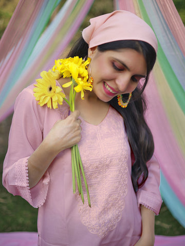 Light Pink Rayon Thread Embroidery Straight Short Kurti