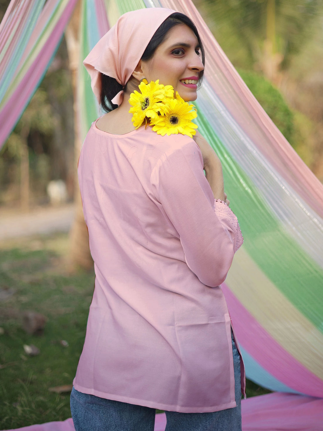 Light Pink Rayon Thread Embroidery Straight Short Kurti