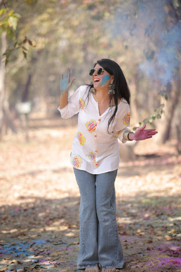 Rayon Digital Print White Short Kurti for holi