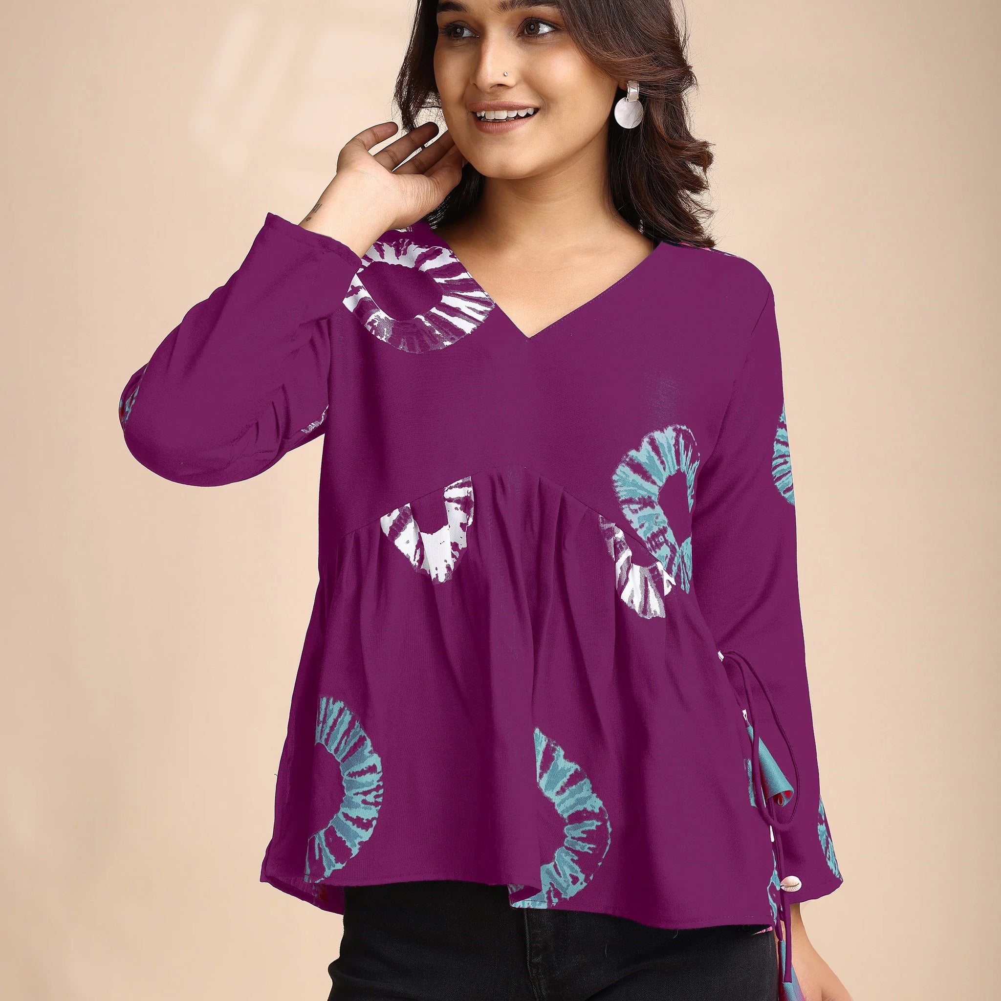 Wine Poly Rayon Printed Alia Cut Peplum Short Kurti