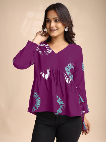 Wine Poly Rayon Printed Alia Cut Peplum Short Kurti