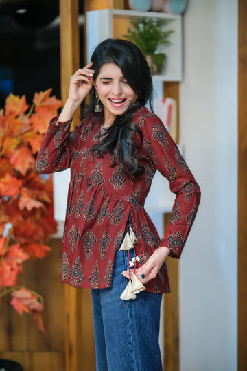 Rust Cotton Blend Printed Alia Cut Peplum short kurti With Tassles and Kodi
