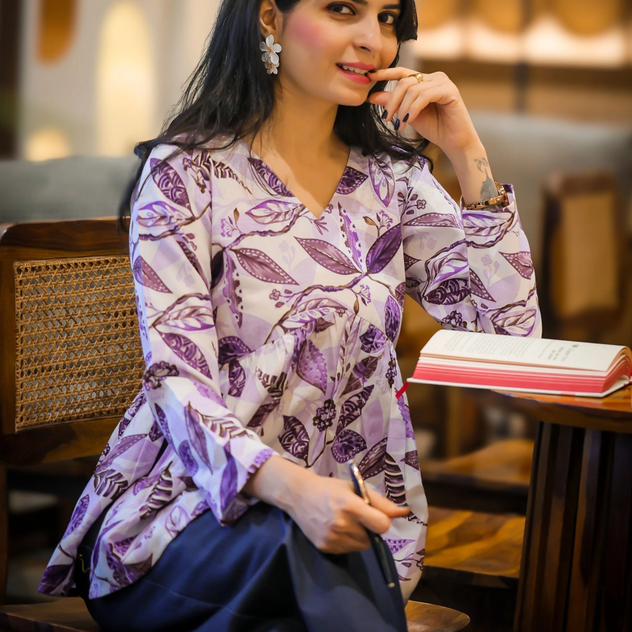 Lavender Cotton Blend Printed Alia Cut Peplum Top With Tassles and Kodi