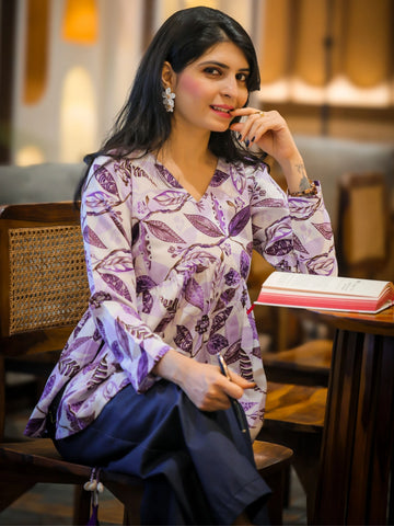 Lavender Cotton Blend Printed Alia Cut Peplum Top With Tassles and Kodi