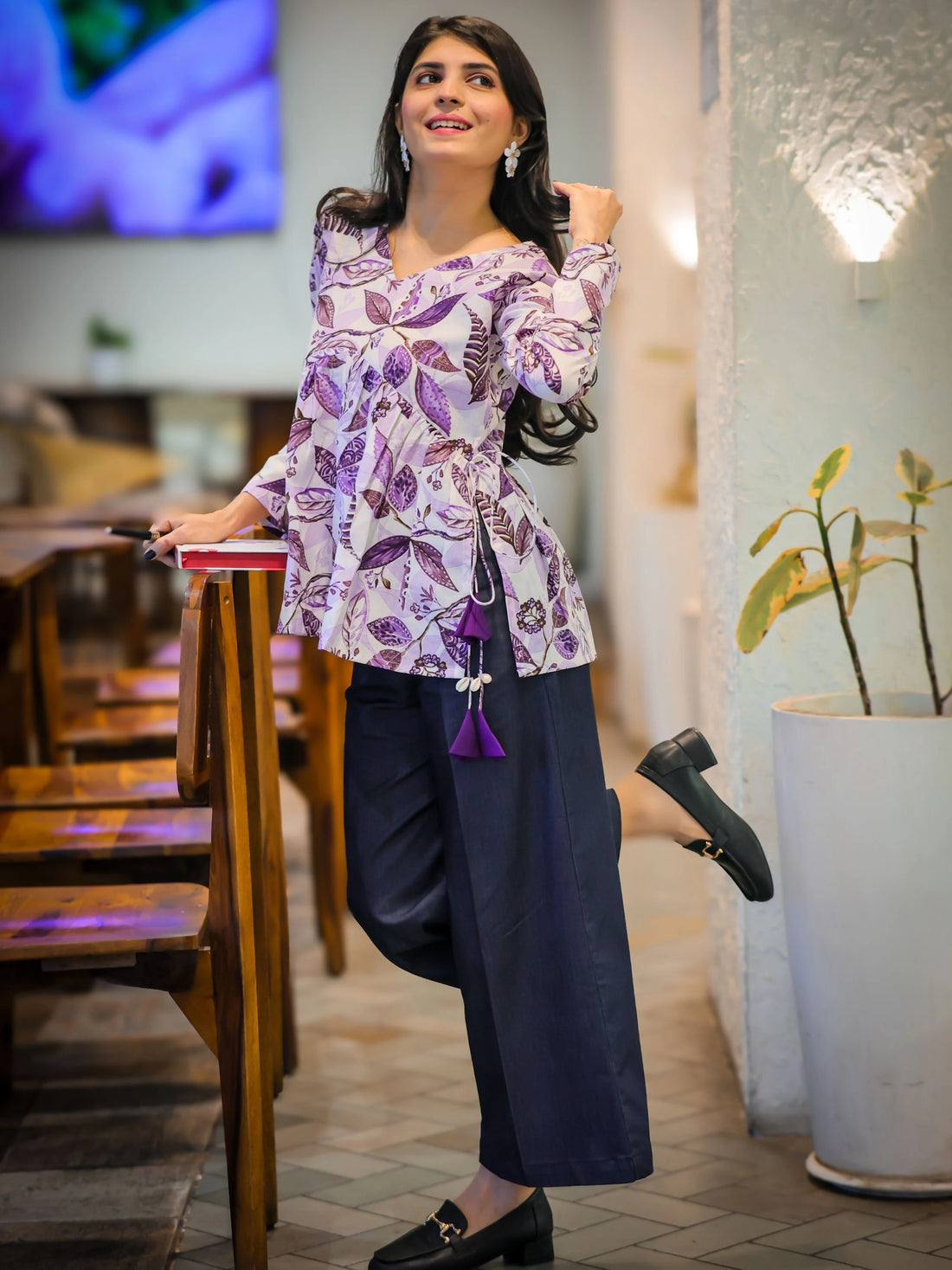 Lavender Cotton Blend Printed Alia Cut Peplum Top With Tassles and Kodi
