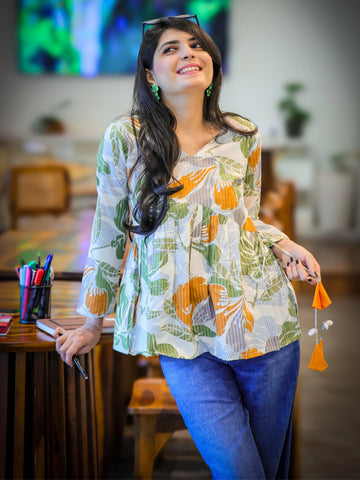 Mustard & Cream Cotton Blend Printed Alia Cut Peplum Top With Tassles and Kodi