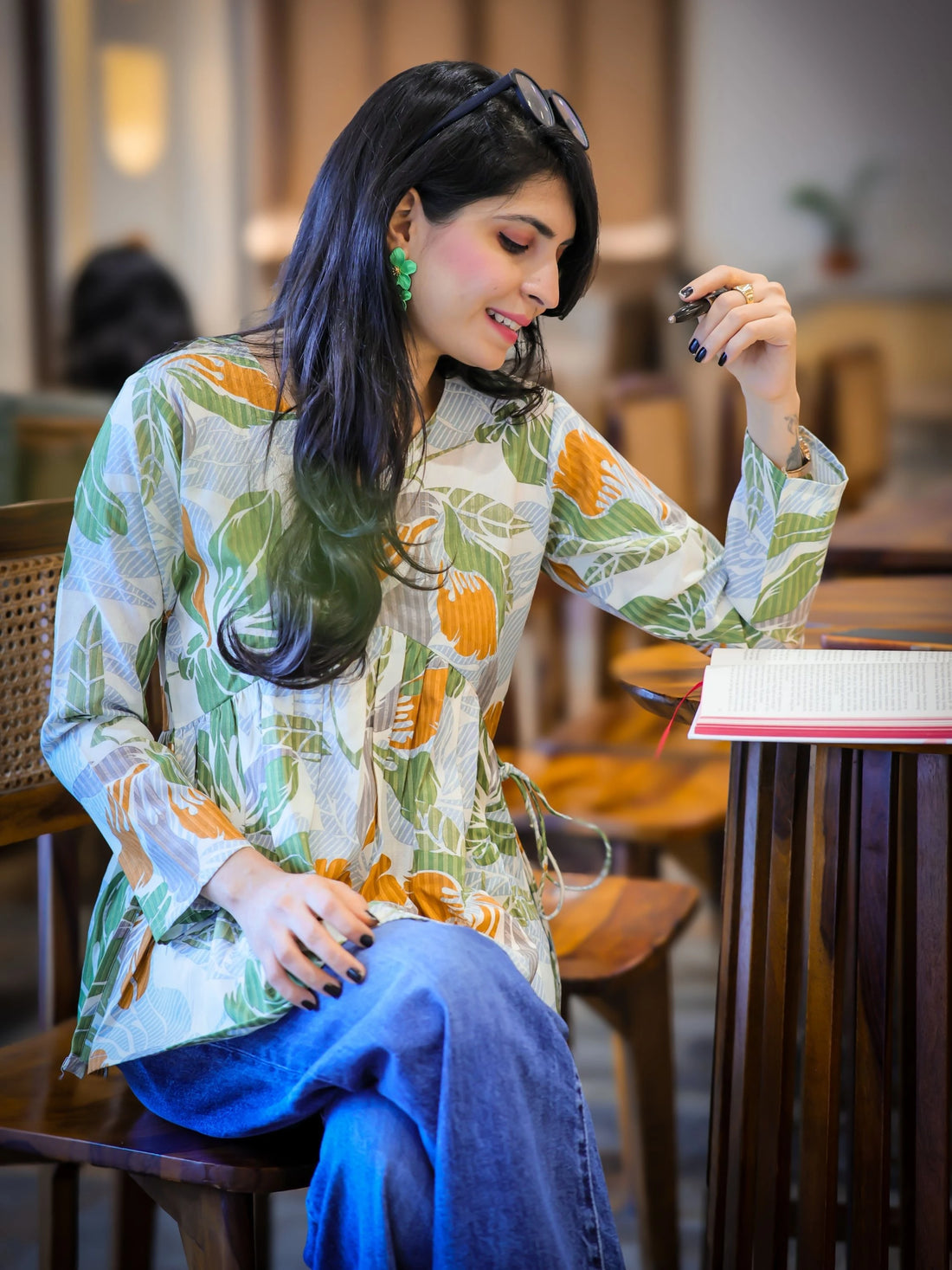 Mustard & Cream Cotton Blend Printed Alia Cut Peplum Top With Tassles and Kodi