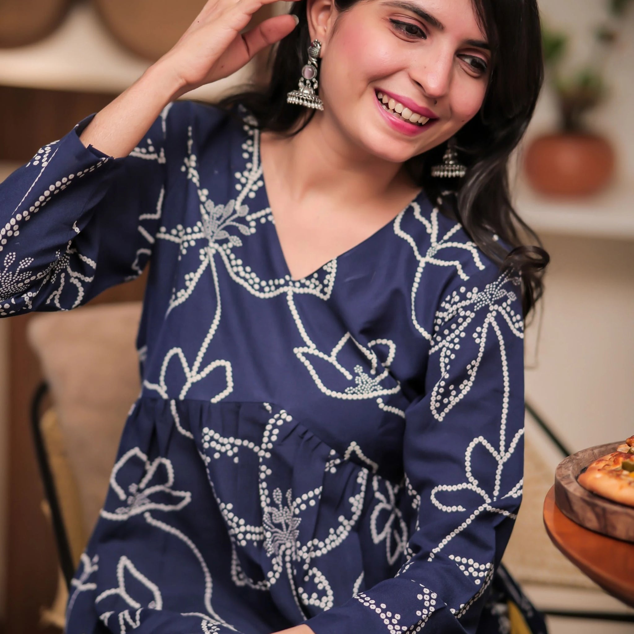 Navy Blue Cotton Blend Bandhani Print Alia Cut Peplum Top With Tassles and Kodi