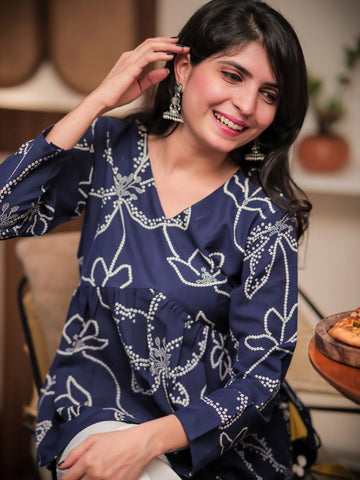 Navy Blue Cotton Blend Bandhani Print Alia Cut Peplum Top With Tassles and Kodi