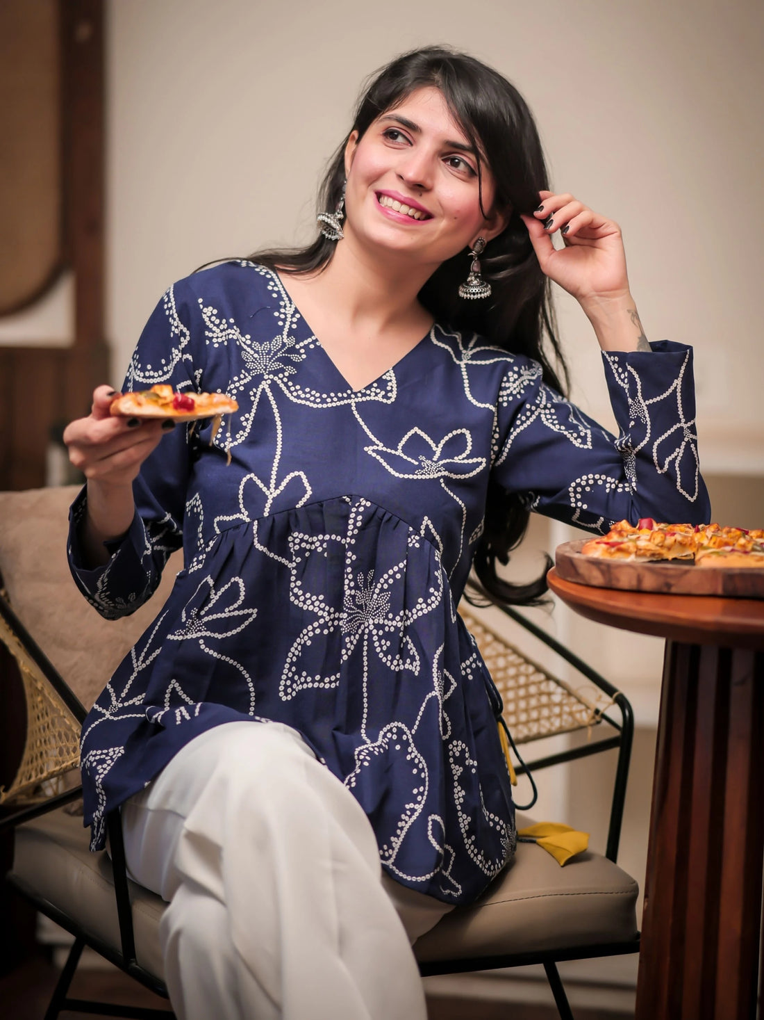 Navy Blue Cotton Blend Bandhani Print Alia Cut Peplum Top With Tassles and Kodi