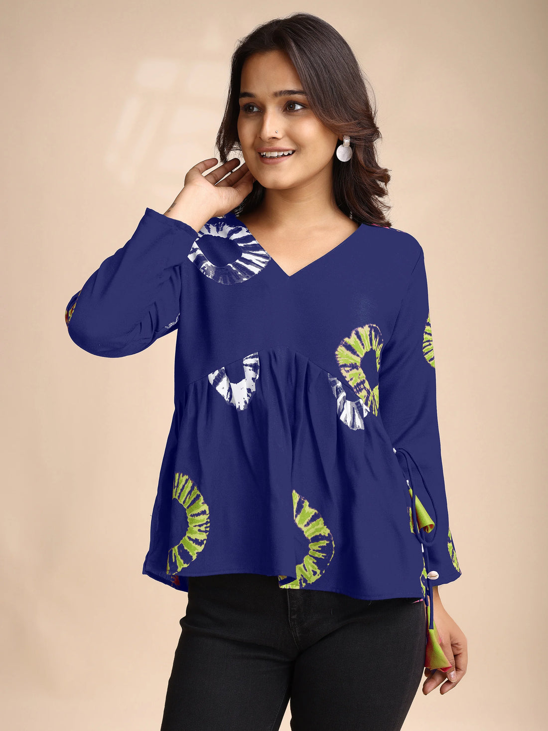 Blue Poly Rayon Printed Alia Cut Peplum Short Kurti