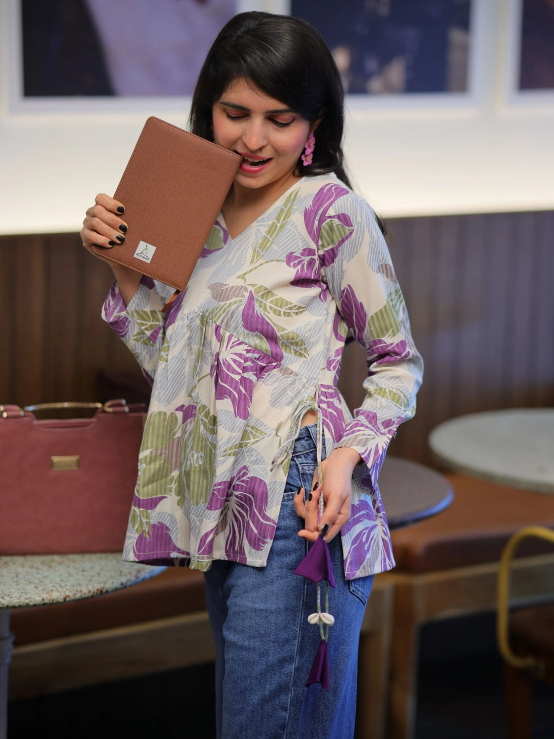 Purple & Cream Cotton Blend Printed Alia Cut Peplum Top With Tassles and Kodi