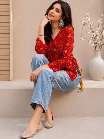 Red Cotton Blend Ajrakh Print Tie Up & Tassel Short Kurti