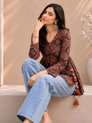 Rust Cotton Blend Ajrakh Print Tie Up & Tassel Short Kurti