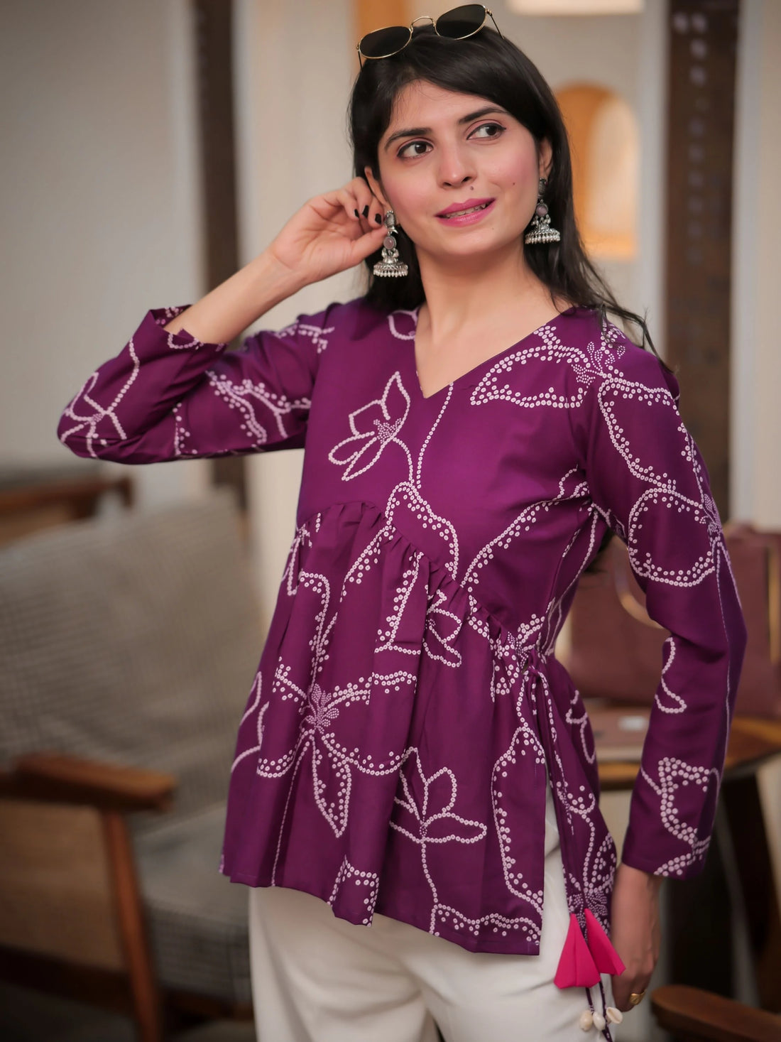 Wine Cotton Blend Bandhani Print Alia Cut Peplum Top With Tassles and Kodi