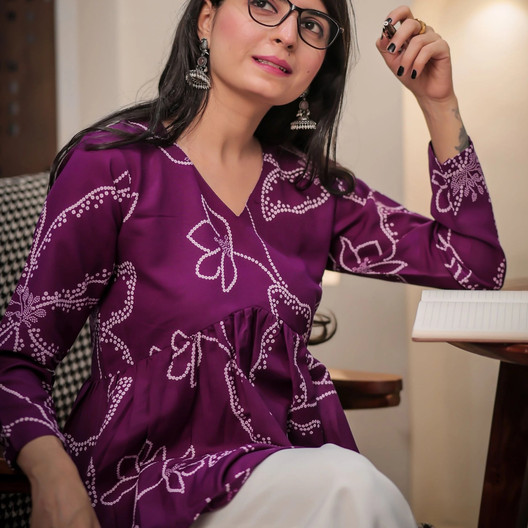 Wine Cotton Blend Bandhani Print Alia Cut Peplum Top With Tassles and Kodi