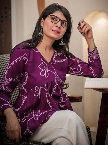 Wine Cotton Blend Bandhani Print Alia Cut Peplum Top With Tassles and Kodi