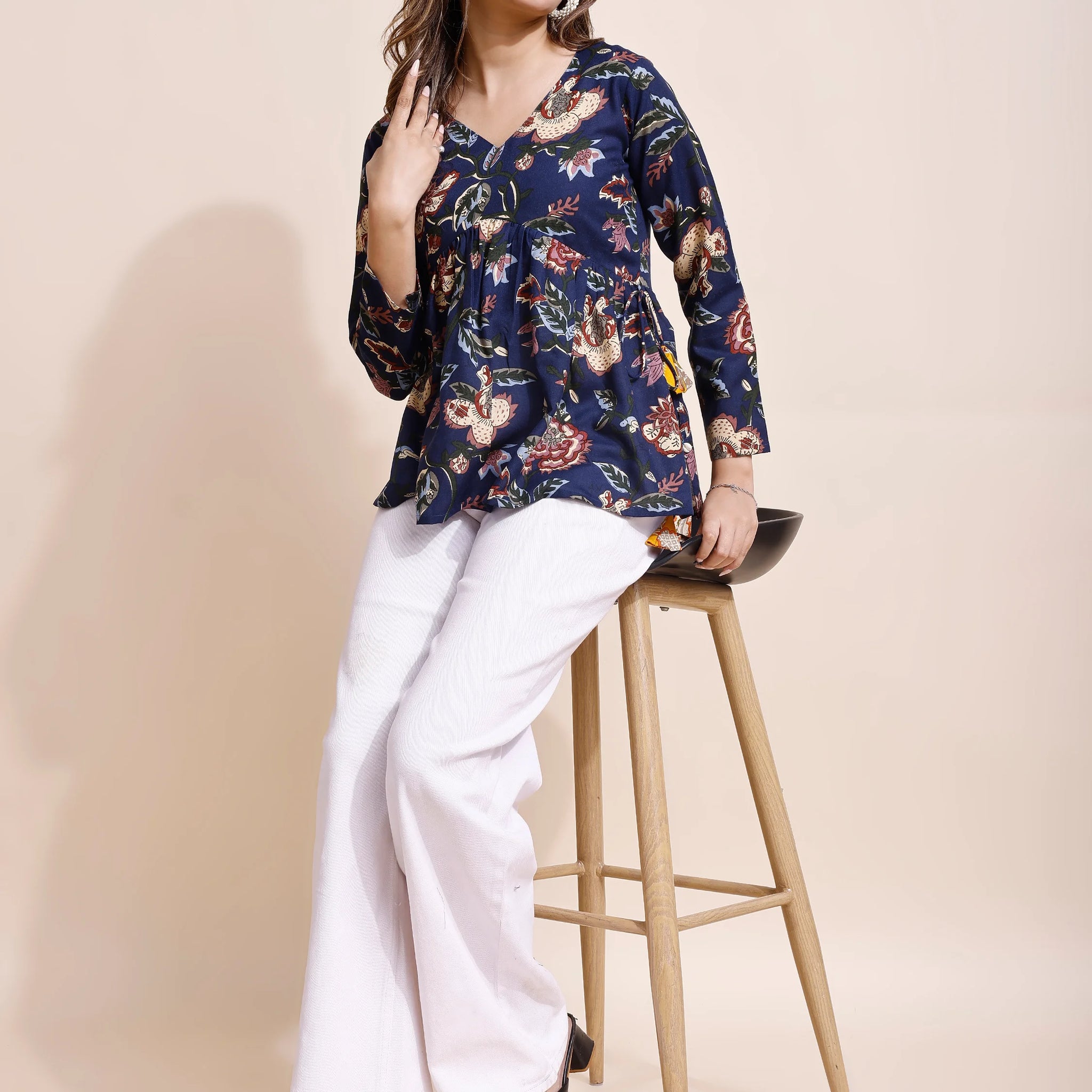 Navy Cotton Blend Floral Print Alia Cut Peplum Short kurti With Tassles and Kodi