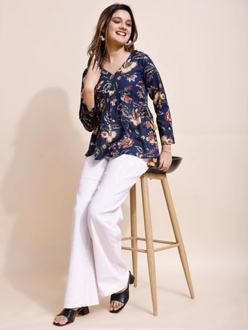 Navy Cotton Blend Floral Print Alia Cut Peplum Short kurti With Tassles and Kodi