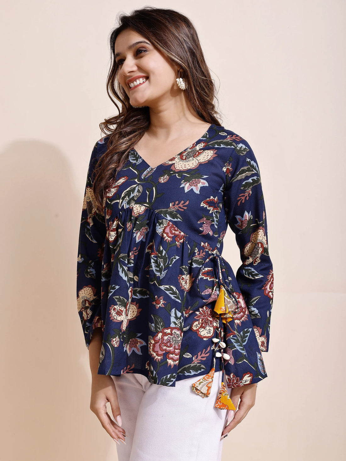 Navy Cotton Blend Floral Print Alia Cut Peplum Short kurti With Tassles and Kodi