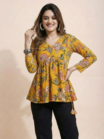 Yellow Cotton Blend Floral Print Alia Cut Peplum Top With Tassels and Kodi