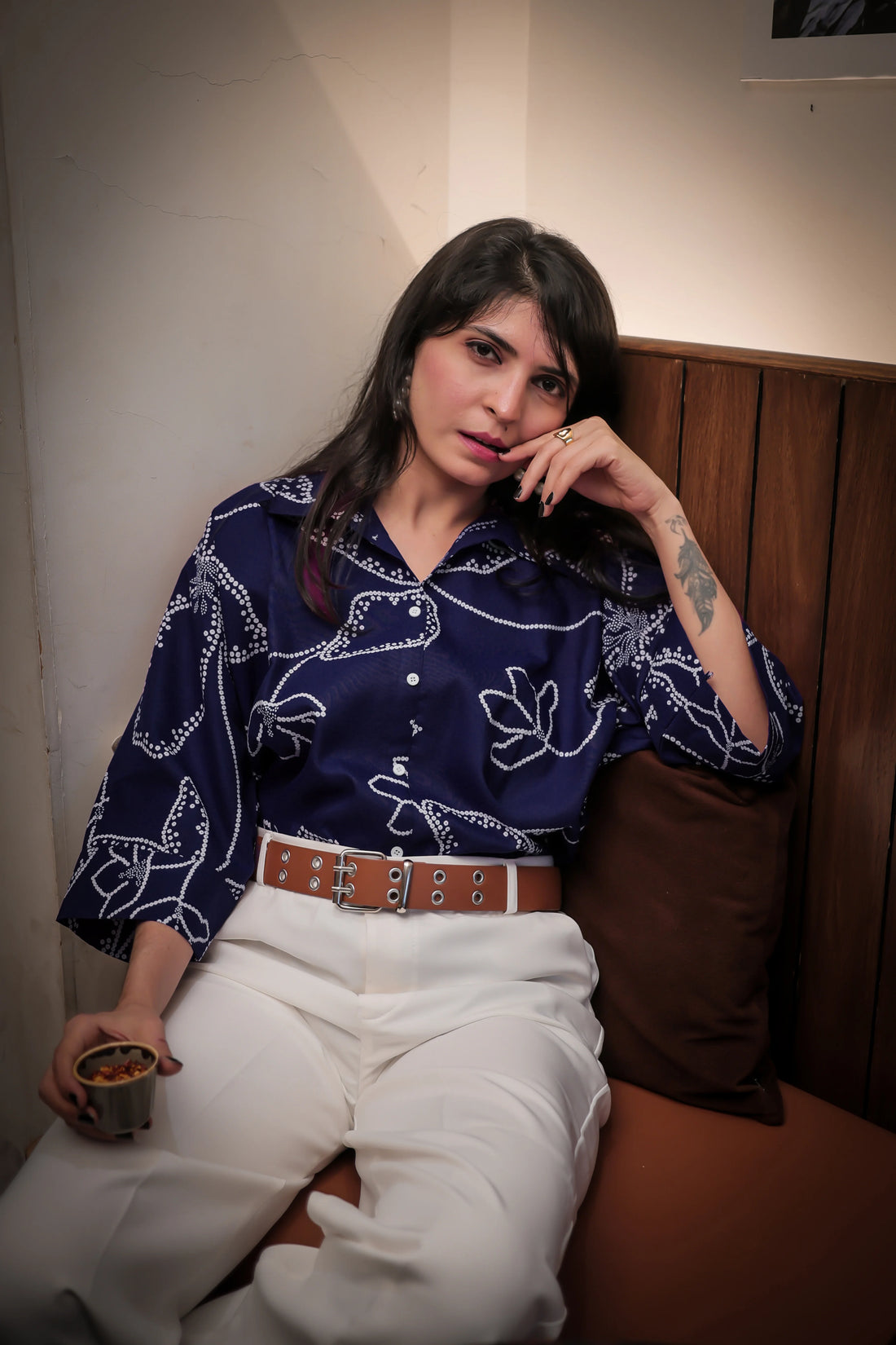 Navy Blue Viscose Rayon Bandhani Printed Navy Blue Relex Fit Boxy Shirt Style Top